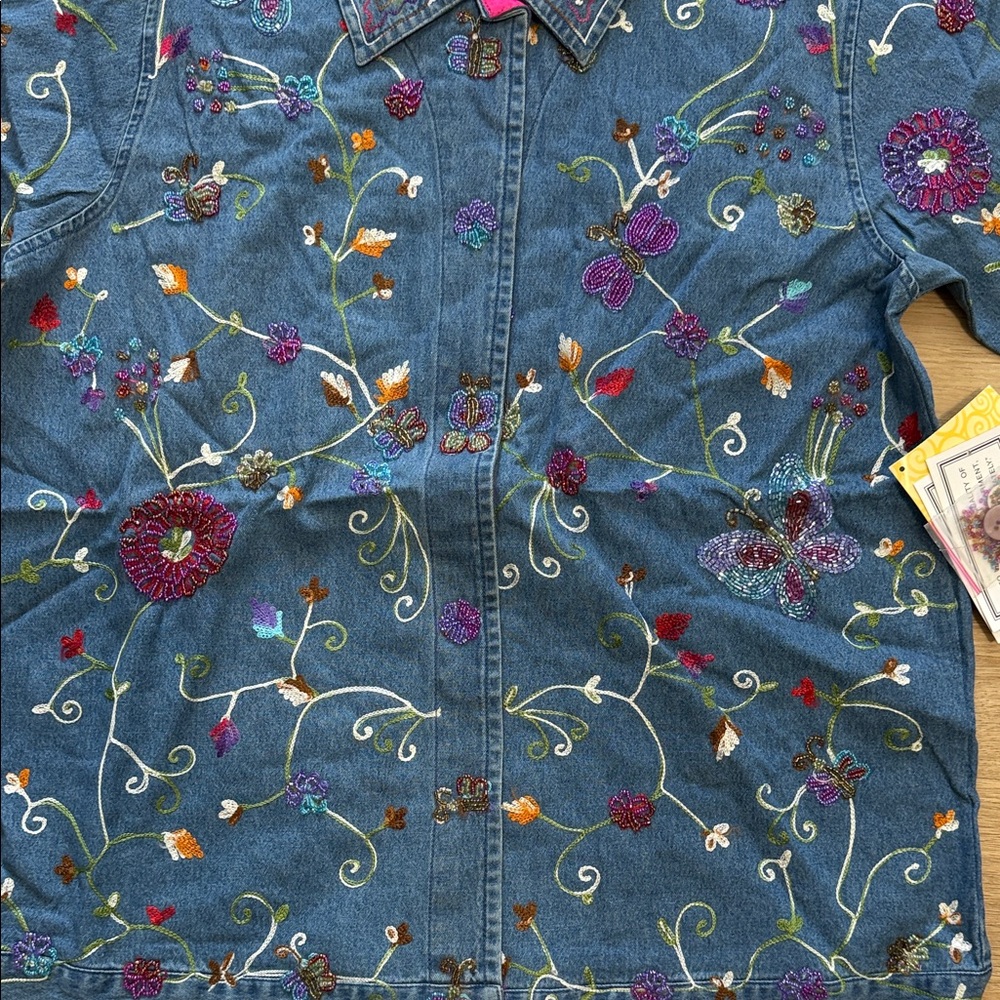 Quacker Factory Denim Jacket with Colorful Embroidery Chambray Bead - Picture 5 of 6